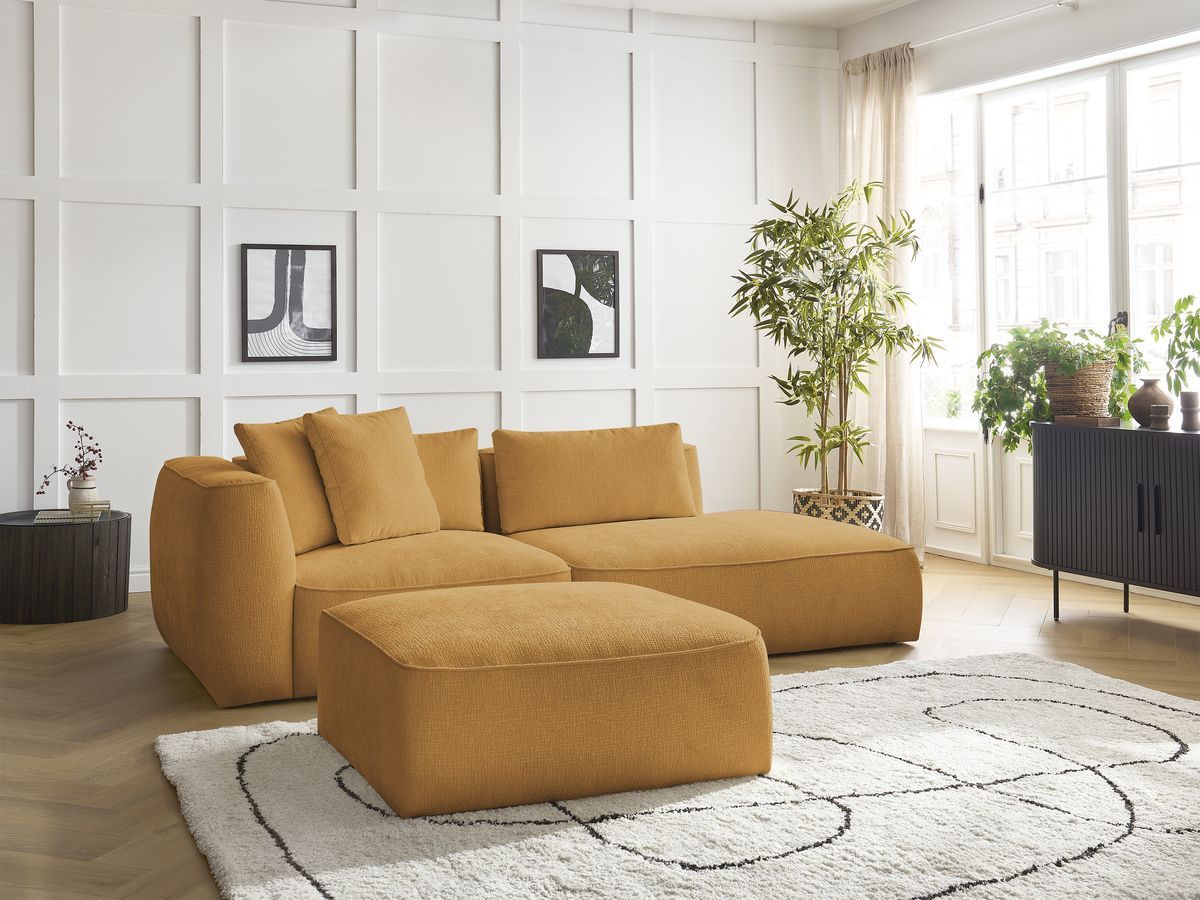Bobochic Leopold Sofa 4-Sitzer mit Pouf Strukturstoff Gelb Armlehne links