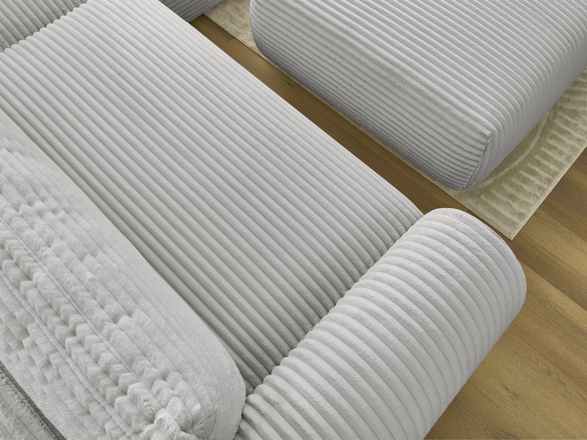 Bobochic Lucien Ecksofa mit Schlaffunktion und Bettkasten und Pouf 314 × 167 cm Breitcord weich Hellgrau Ecke rechts