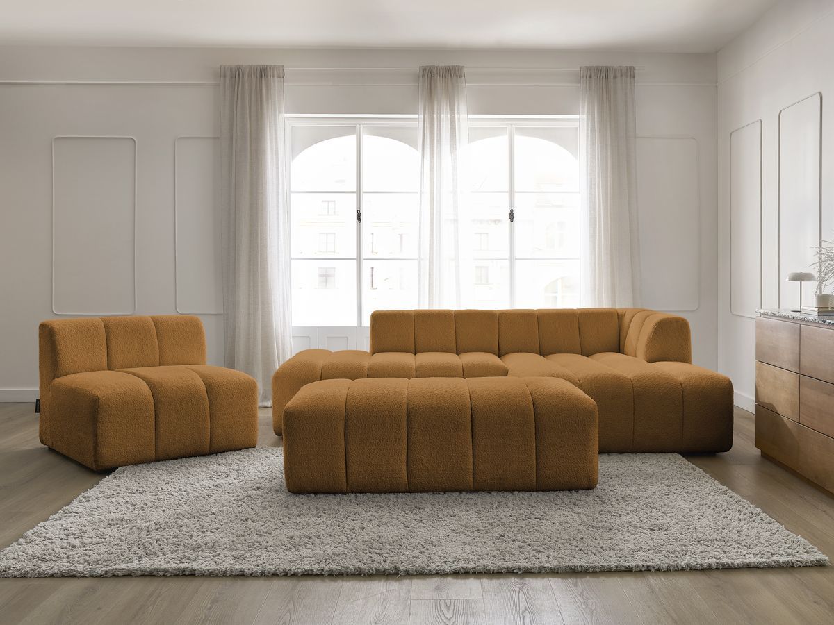 Bobochic Annecy Ecksofa mit Sofamodul und Pouf Bouclé-Stoff Gelb Ecke rechts