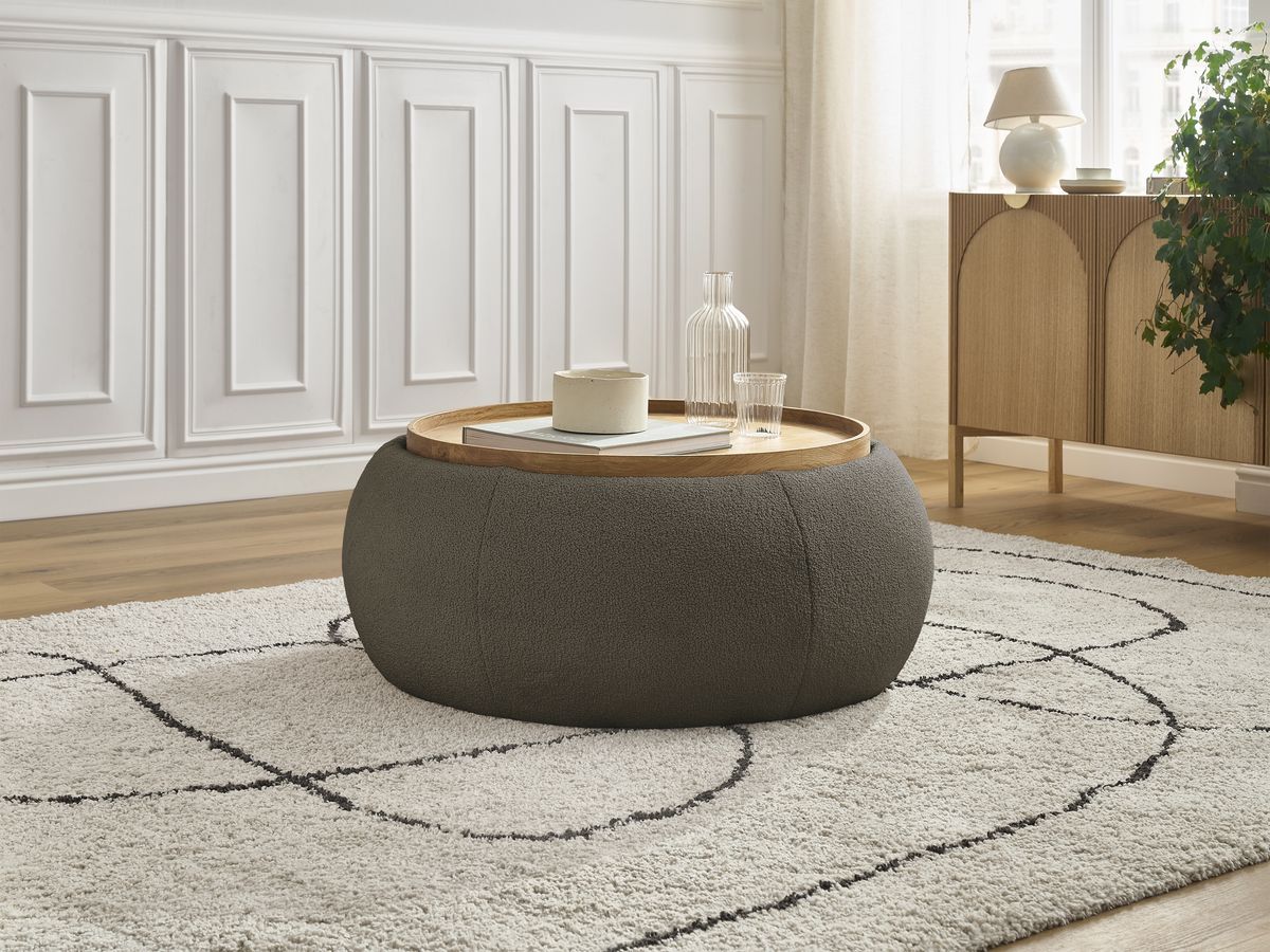 Bobochic Hayden Pouf mit Tablett, rund Bouclé-Stoff Braun, 87 cm