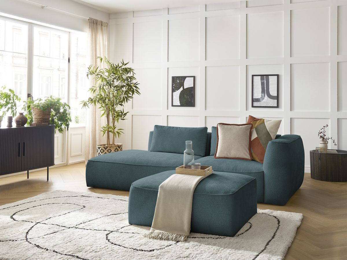 Bobochic Leopold Sofa 4-Sitzer mit Pouf Strukturstoff Dunkelblau Armlehne rechts