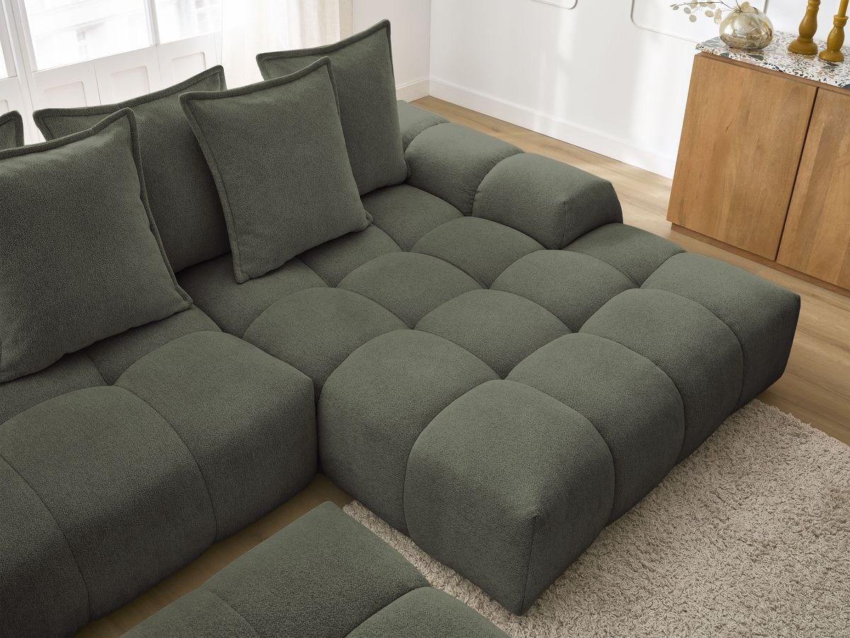 Bobochic Everest Ecksofa mit Schlaffunktion und Bettkasten und Pouf 318 × 180 cm, 7 Kissen Melange-Stoff Grün Ecke rechts
