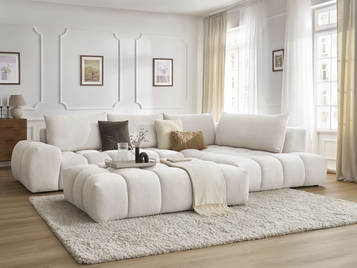 Bobochic Everest Ecksofa mit Schlaffunktion und Pouf, 4 Kissen Strukturstoff Weiß Ecke rechts