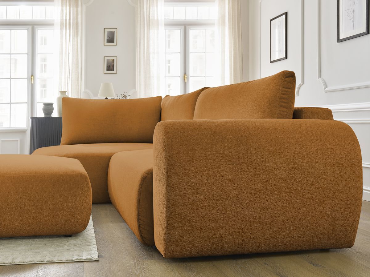 Bobochic Lucien Ecksofa mit Schlaffunktion und Bettkasten und Pouf 296 × 198 cm Stoff Gelb Ecke links