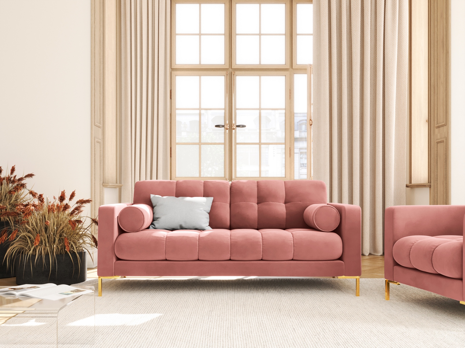 Cosmopolitan Design Sofa Bali 2-Sitzer Samt Bluvel Rosa Beine Gold