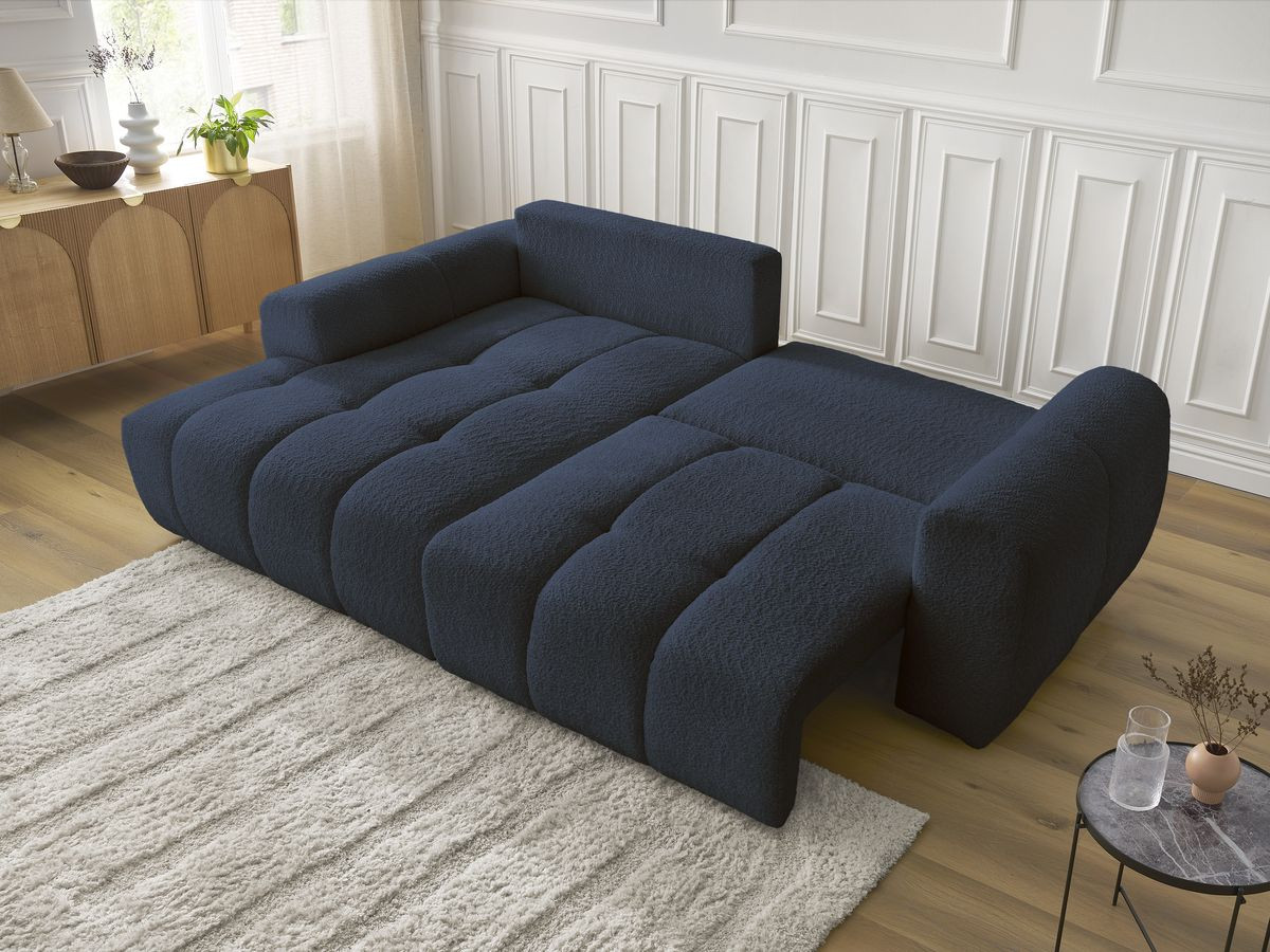 Bobochic Roxelane Ecksofa mit Schlaffunktion und Bettkasten 258 × 150 cm Bouclé-Stoff Dunkelblau Ecke links