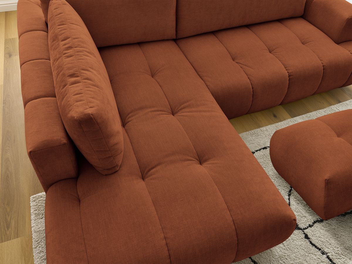 Bobochic Fuji Ecksofa mit Schlaffunktion und Bettkasten und Pouf 282 × 204 cm Stoff Orange Ecke links