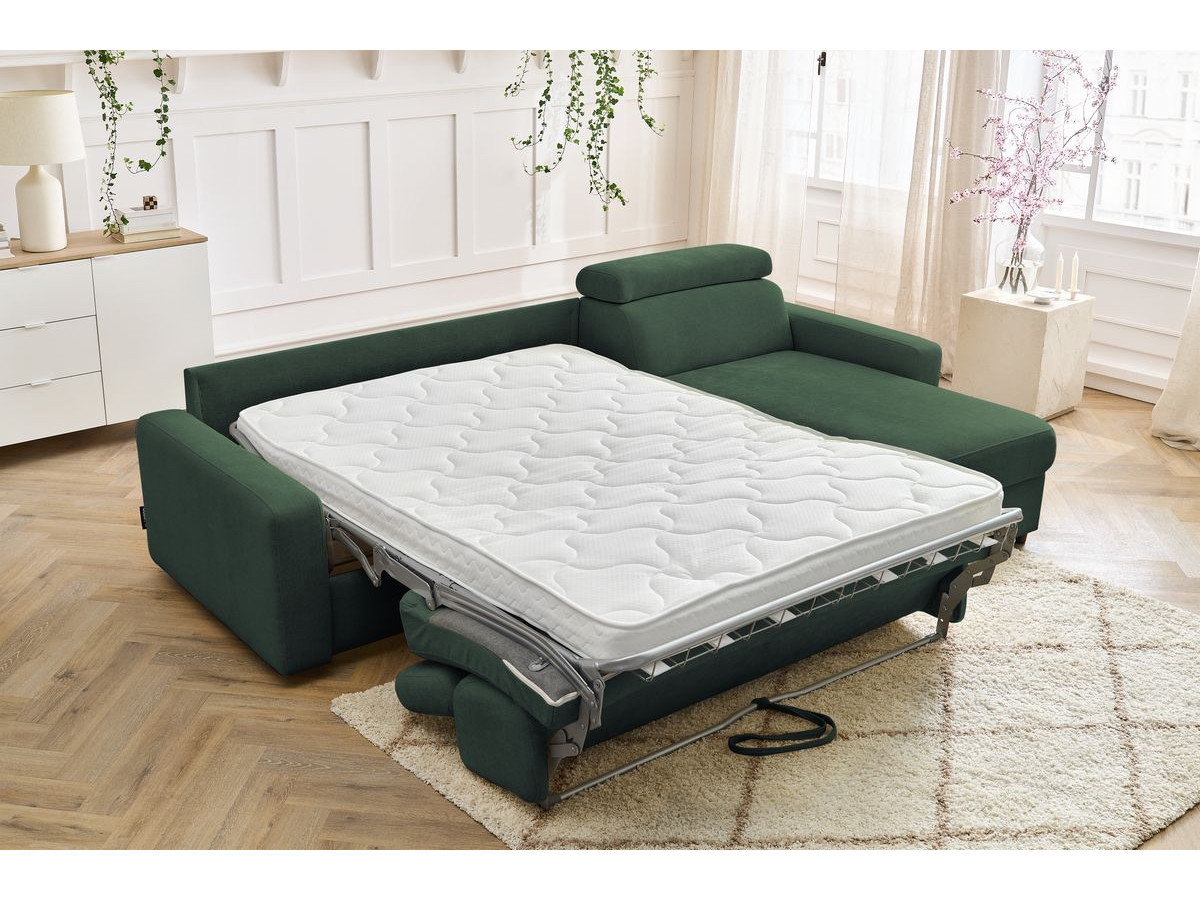 Bobochic Monaco Ecksofa mit Schlaffunktion und Bettkasten Stoff Grün, Liegefläche 140 × 190 cm