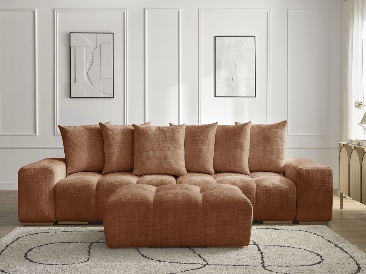 Bobochic Anakin Schlafsofa 3-Sitzer mit Bettkasten und Pouf, 6 Kissen Strukturstoff Orange