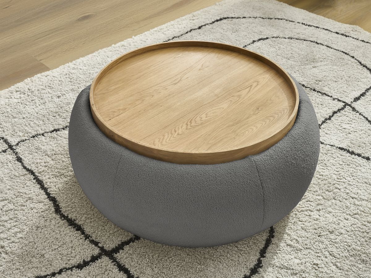 Bobochic Hayden Pouf mit Tablett, rund Bouclé-Stoff Dunkelgrau, 87 cm