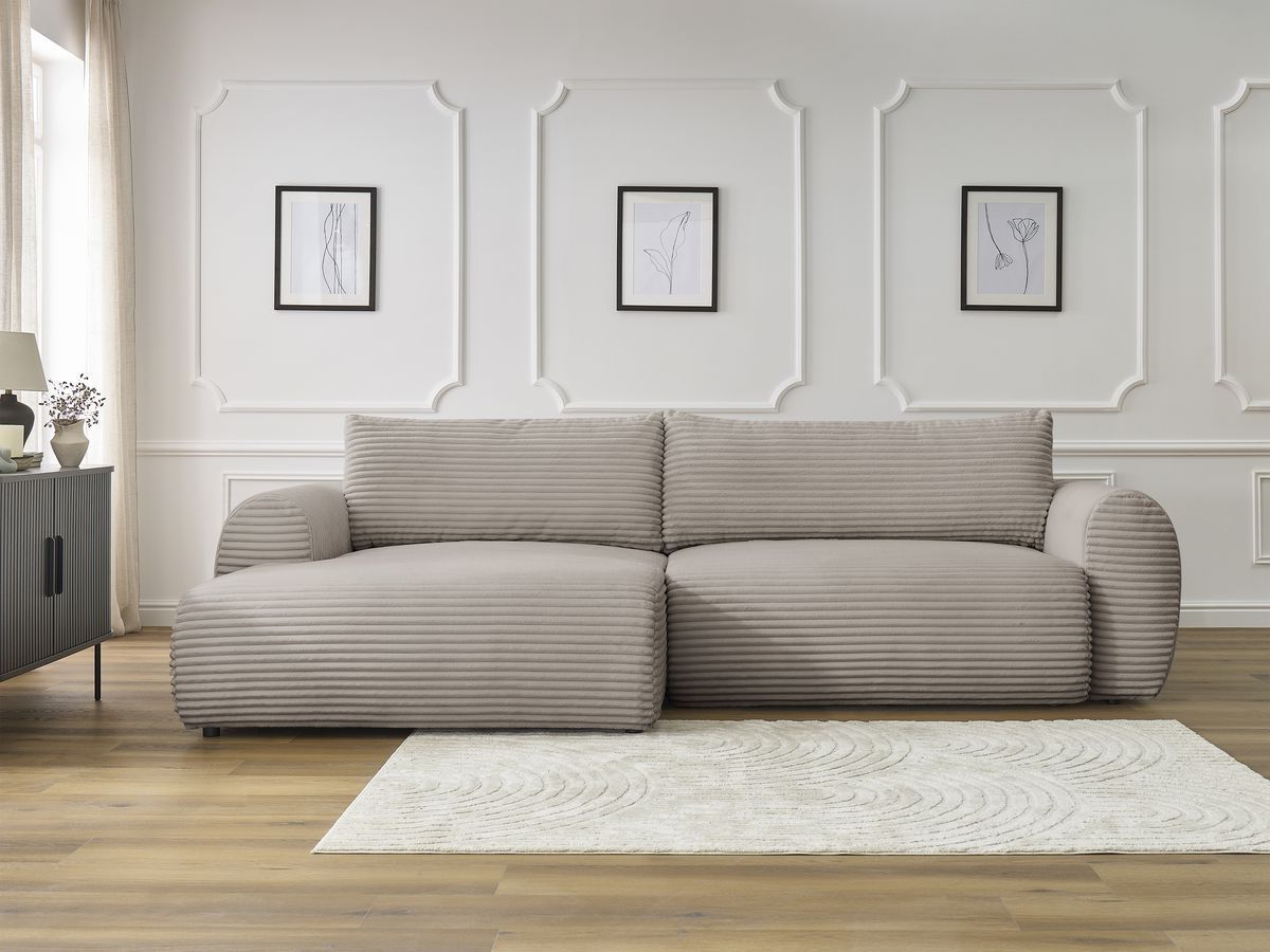 Bobochic Lucien Ecksofa mit Schlaffunktion und Bettkasten 314 × 167 cm Breitcord weich Taupe Ecke links