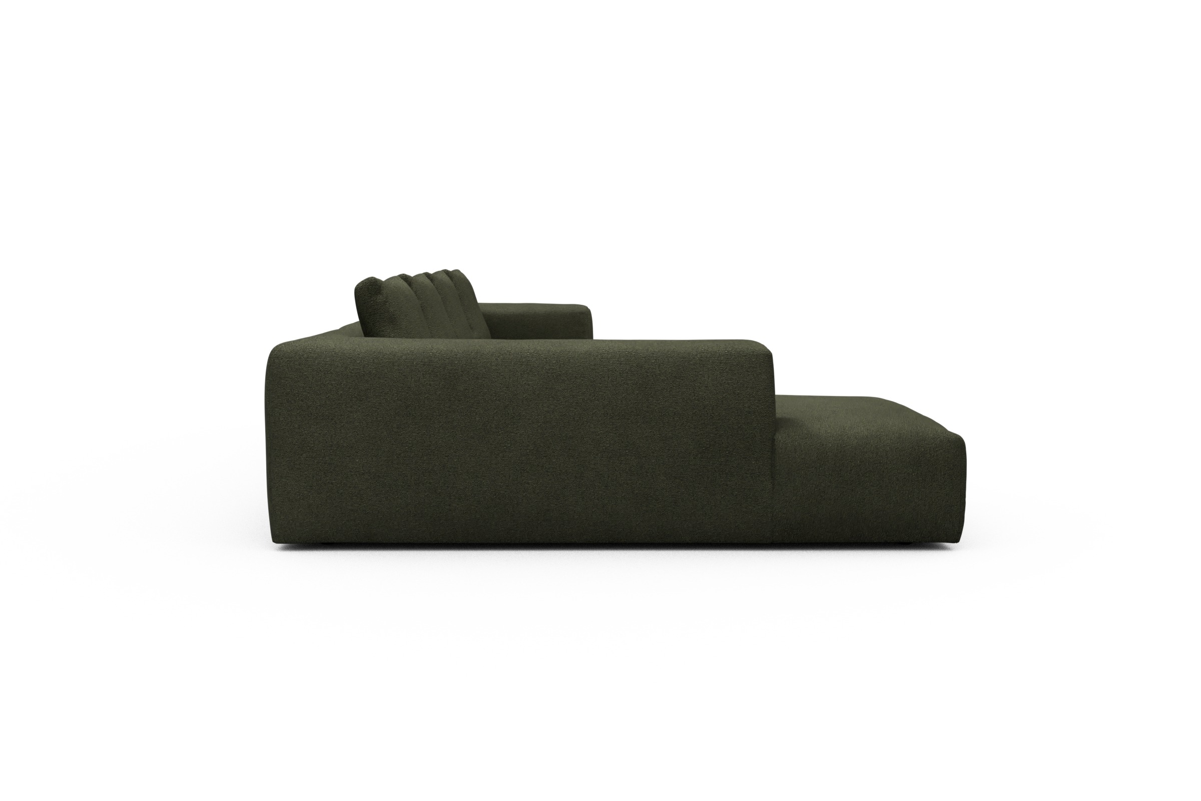 Wohnlandschaft Fred Relax-Ecke links mit 2-Sitzer und Chaiselongue rechts Boucle Skandi 535-Forest-Green