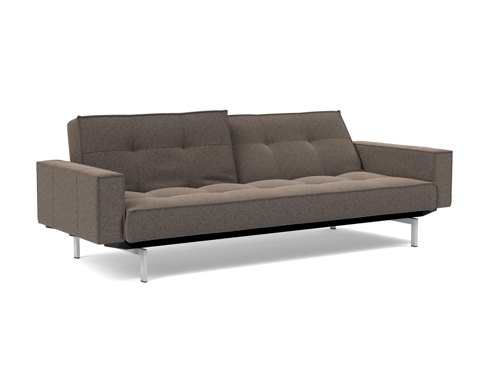 Schlafsofa Splitback mit Armlehnen Boucle Skandi 530-Taupe Beine Chrom
