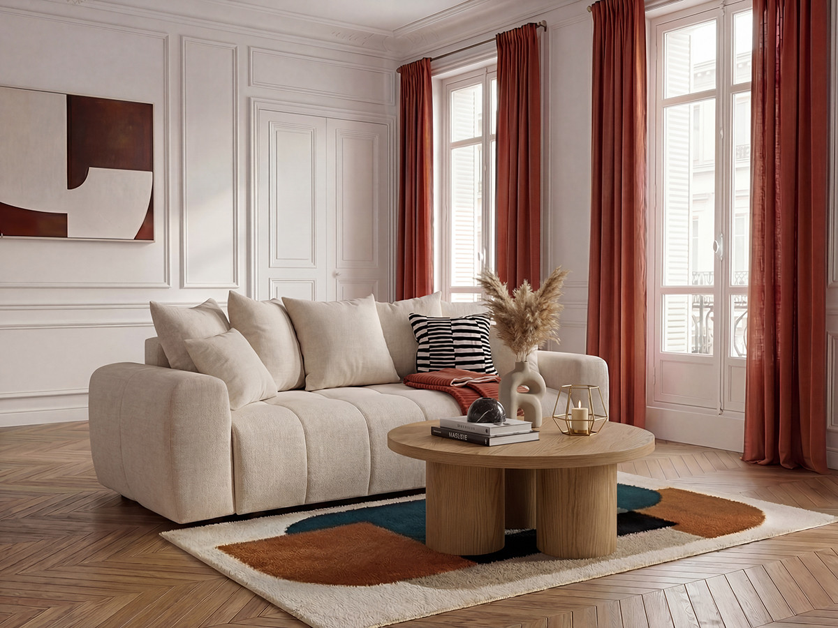 Bobochic Roxelane Schlafsofa 3-Sitzer mit Bettkasten Melange-Stoff Beige