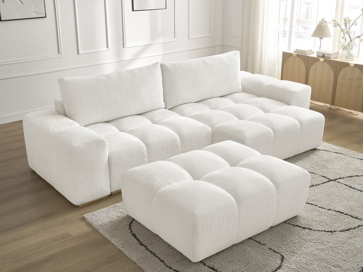 Bobochic Anakin Ecksofa mit Pouf, 2 Kissen Strukturstoff Weiß