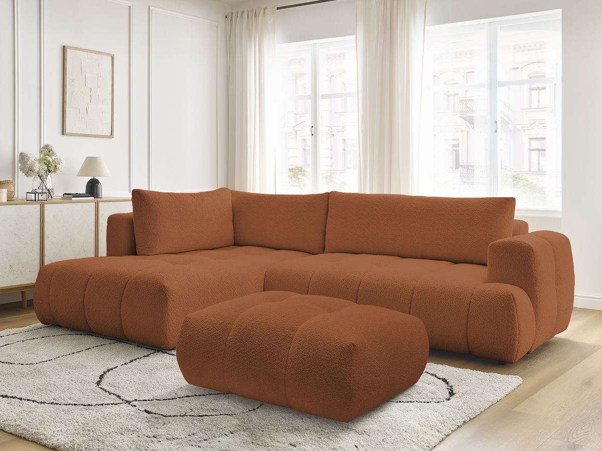 Bobochic Fuji Ecksofa mit Schlaffunktion und Bettkasten und Pouf 282 × 204 cm Bouclé-Stoff Orange Ecke links