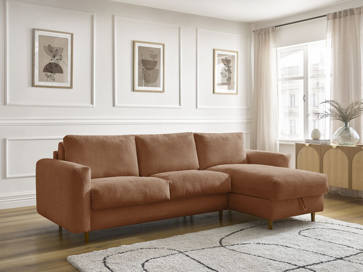 Bobochic Cocoone Ecksofa mit Schlaffunktion und Bettkasten Strukturstoff Orange, Liegefläche 140 × 200 cm