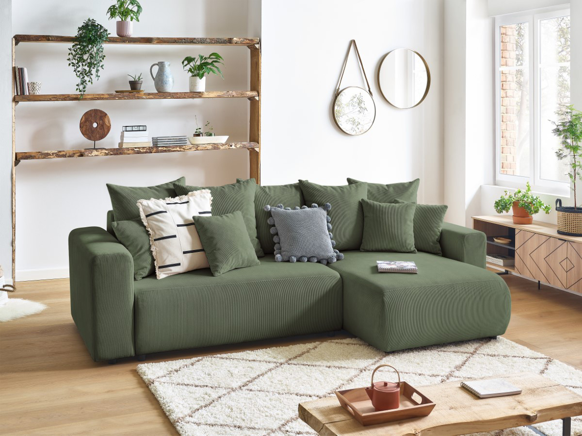 Bobochic Envy Ecksofa mit Schlaffunktion und Bettkasten Cordsamt Grün