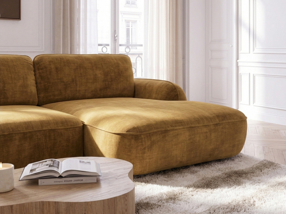Bobochic Celeste Ecksofa mit Schlaffunktion und Bettkasten Stoff Gelb Ecke rechts