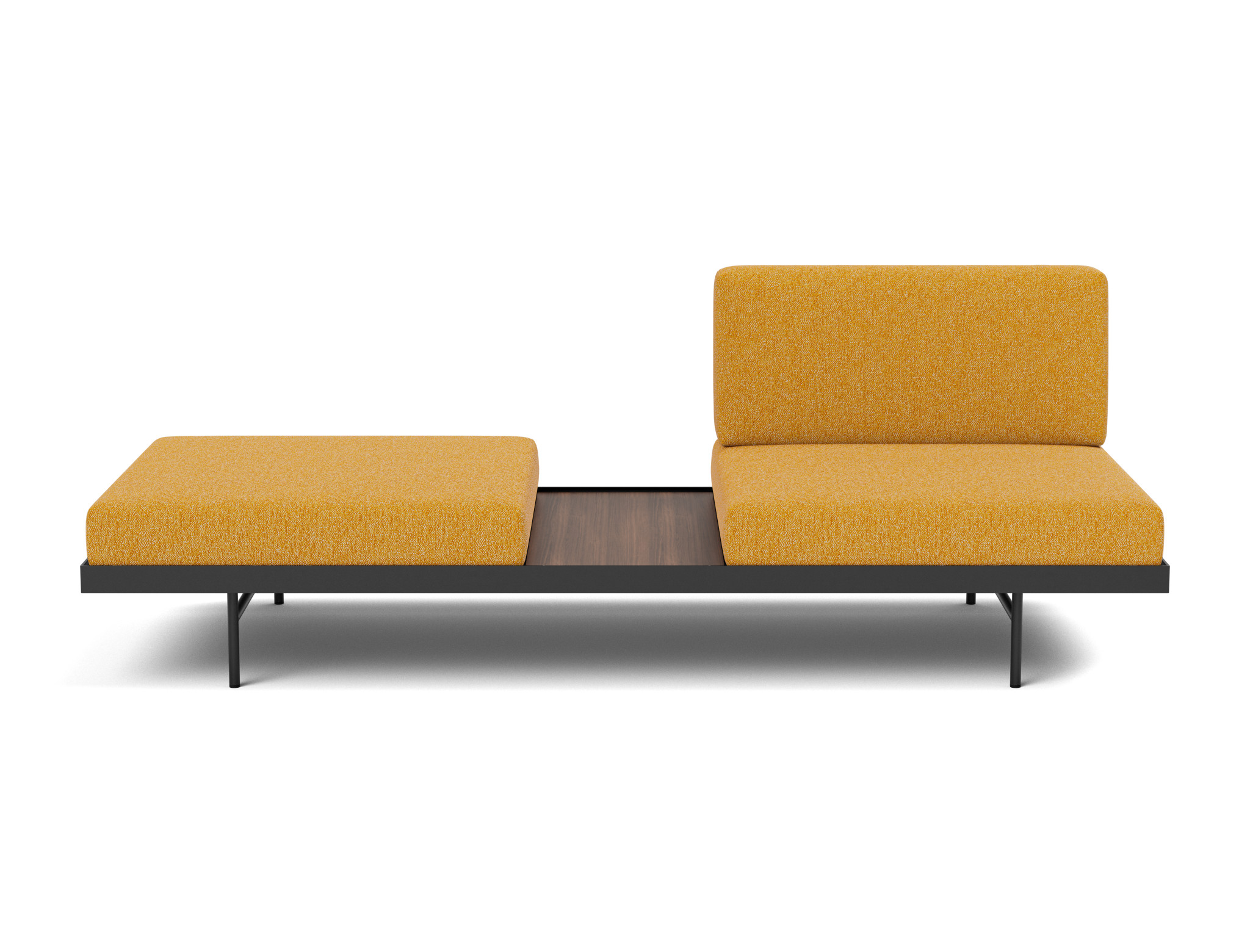 Tagesbett Puri Boucle Skandi 536-Ochre Beine mit Nussbaumtisch
