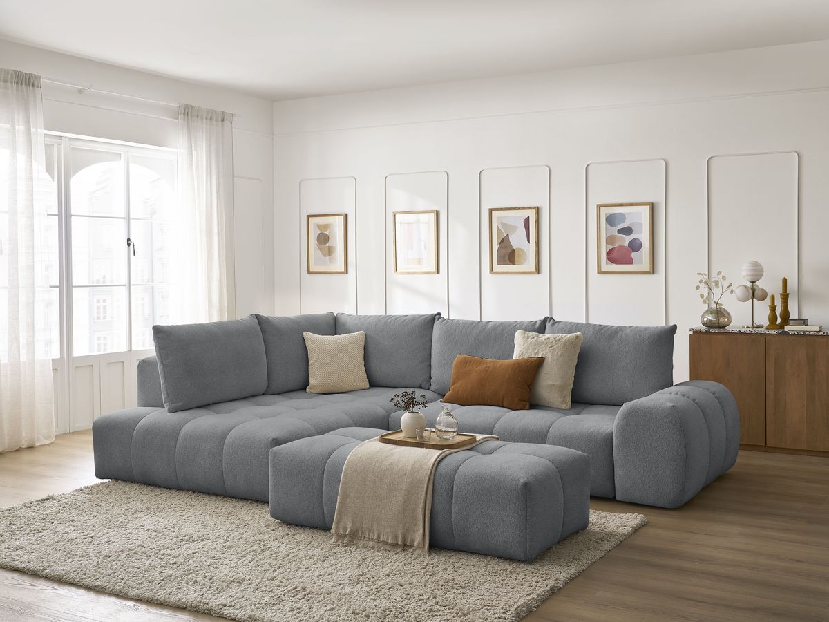 Bobochic Everest Ecksofa mit Schlaffunktion und Bettkasten und Pouf 320 × 212 cm, 5 Kissen Melange-Stoff Dunkelgrau Ecke links