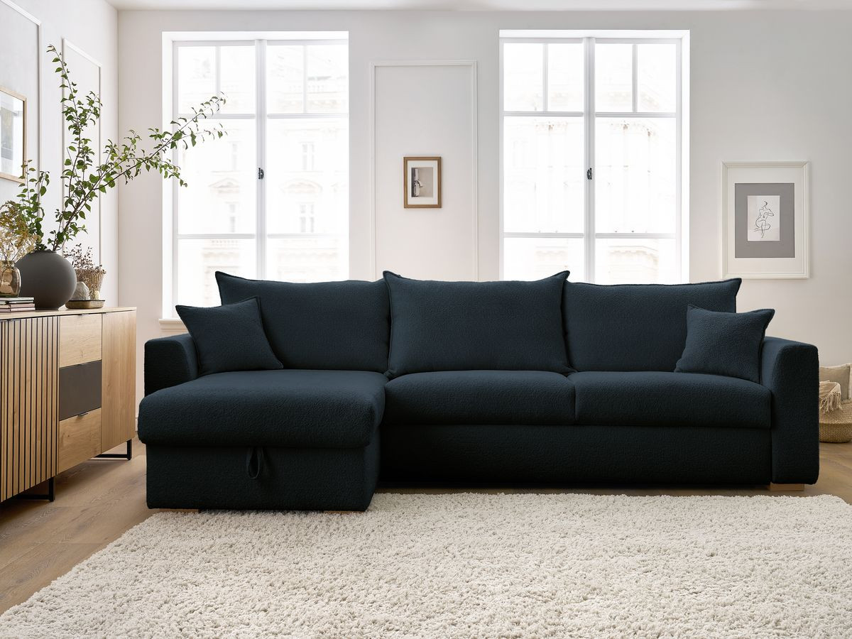 Bobochic Augustin Ecksofa mit Schlaffunktion und Bettkasten Bouclé-Stoff Dunkelblau, Liegefläche 140 × 200 cm