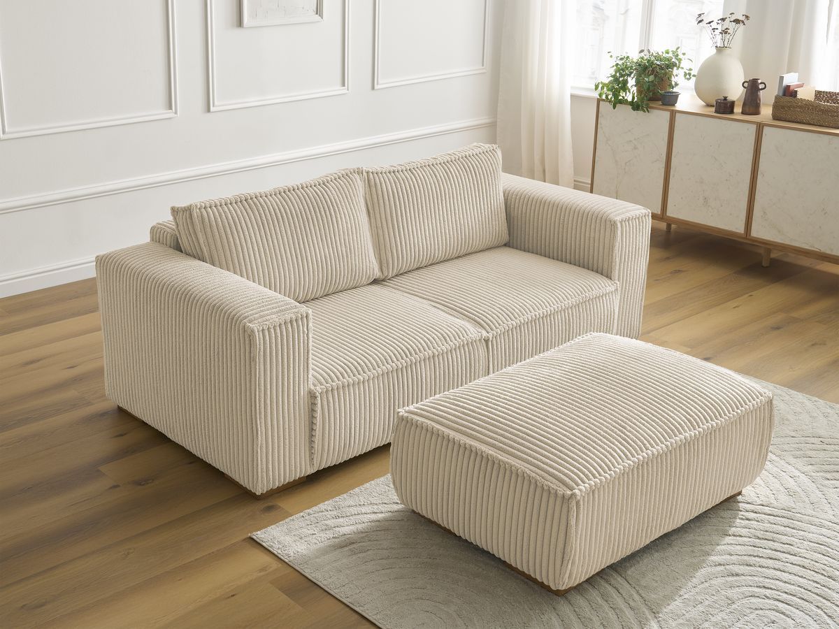 Bobochic Chelsea Sofa 3-Sitzer mit Pouf Breitcord weich Taupe
