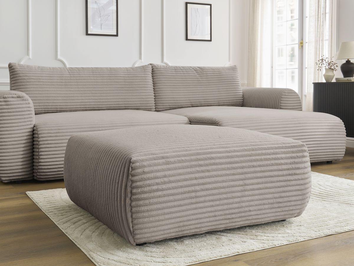 Bobochic Lucien Ecksofa mit Schlaffunktion und Bettkasten und Pouf 314 × 167 cm Breitcord weich Taupe Ecke rechts