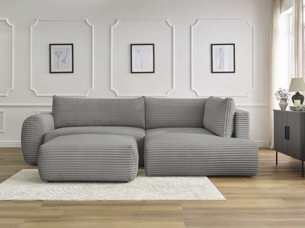 Bobochic Lucien Ecksofa mit Schlaffunktion und Bettkasten und Pouf 296 × 198 cm Breitcord weich Dunkelgrau Ecke rechts