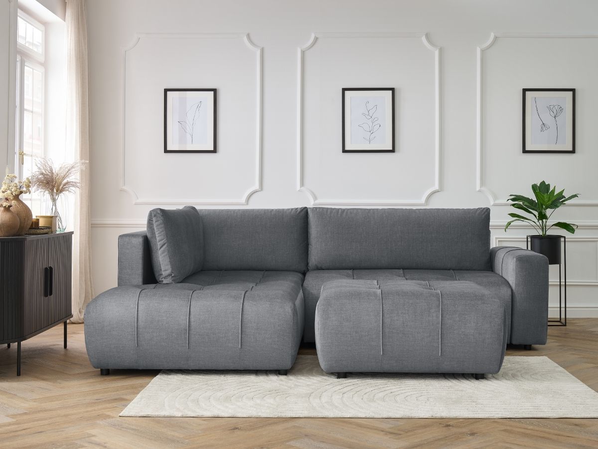 Bobochic Arsene Ecksofa mit Schlaffunktion und Bettkasten und Pouf 277 × 200 cm Samt Dunkelgrau Ecke links