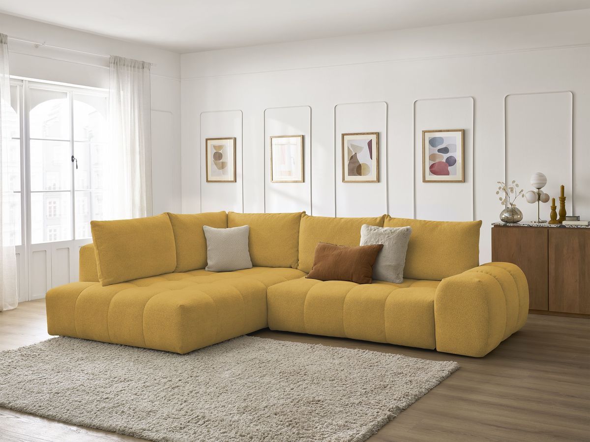 Bobochic Everest Ecksofa mit Schlaffunktion und Bettkasten 320 × 212 cm, 5 Kissen Melange-Stoff Gelb Ecke links