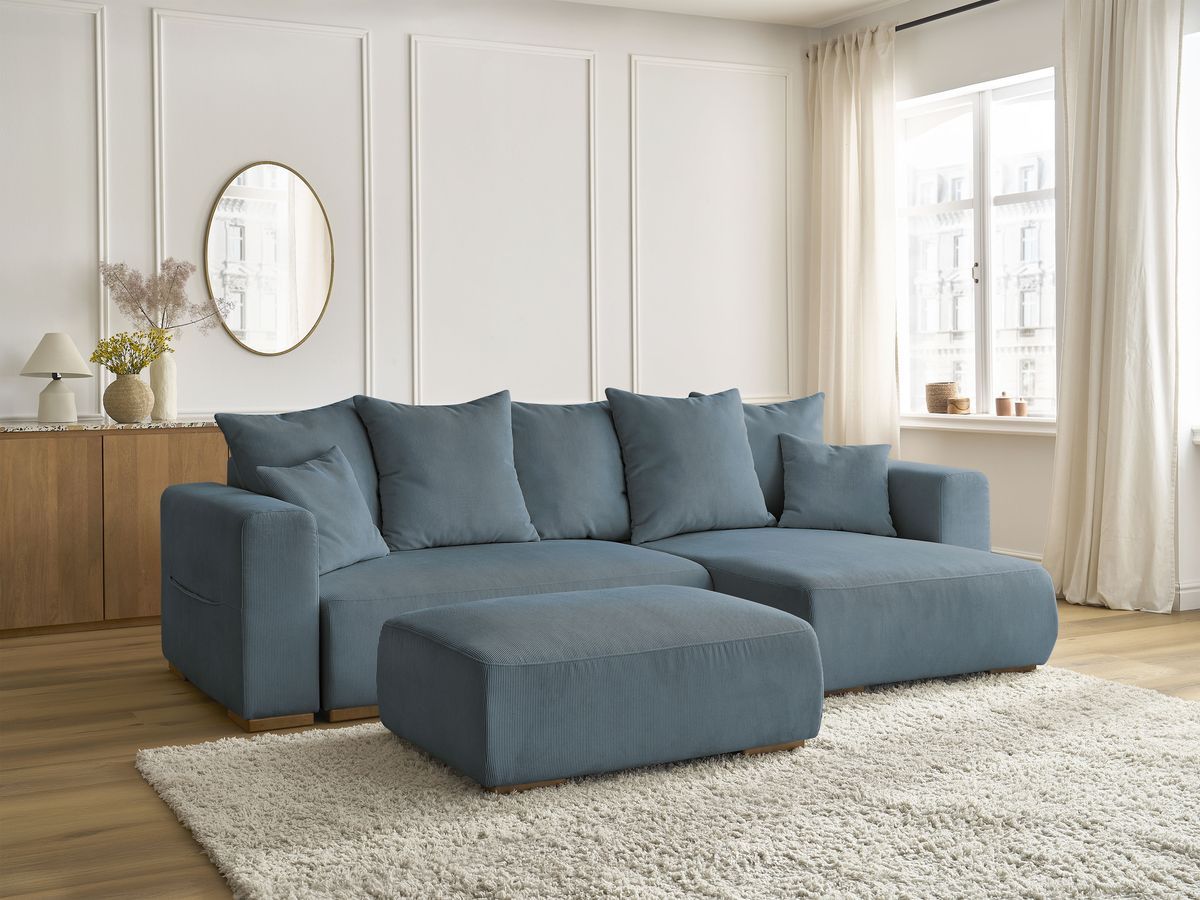 Bobochic Sidonie Ecksofa mit Schlaffunktion und Bettkasten und Pouf Cordsamt Dunkelblau