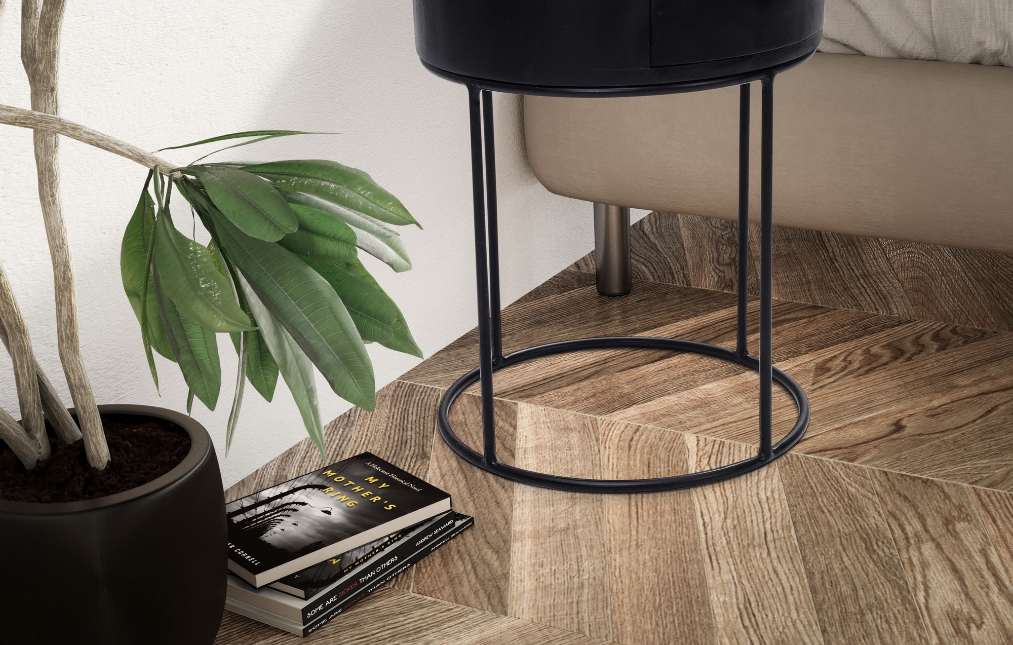 Nachttisch Hamnvik Massivholz Schwarz Ø 40 cm