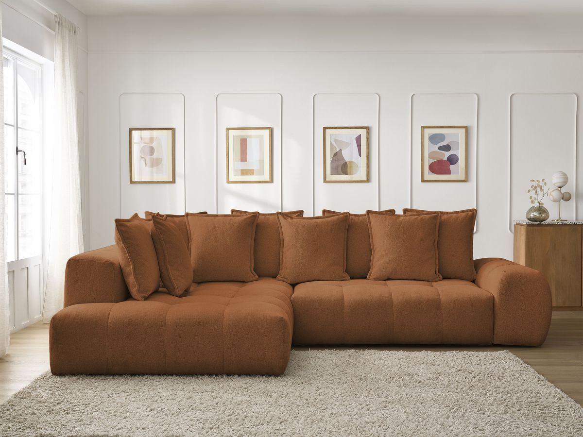 Bobochic Everest Ecksofa mit Schlaffunktion und Bettkasten 320 × 212 cm, 10 Kissen Melange-Stoff Orange Ecke links