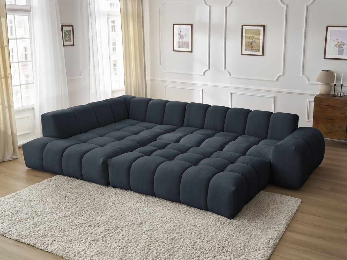 Bobochic Everest Ecksofa mit Schlaffunktion und Pouf, 10 Kissen Strukturstoff Dunkelblau Ecke links