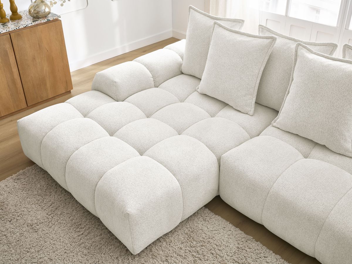 Bobochic Everest Ecksofa mit Schlaffunktion und Bettkasten 318 × 180 cm, 7 Kissen Melange-Stoff Weiß Ecke links