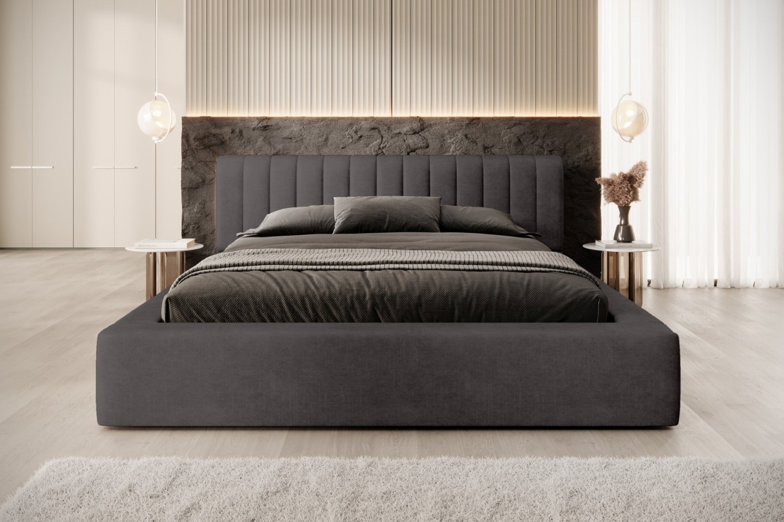 Polsterbett Faroa Samtstoff 140x200 mit Metallrahmen Macau Anthracite