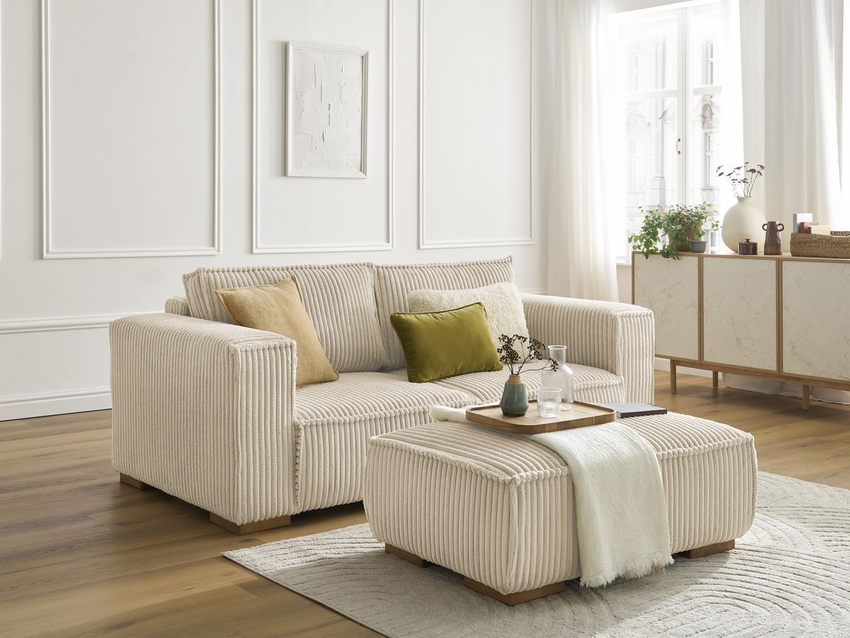 Bobochic Chelsea Sofa 3-Sitzer mit Pouf Breitcord weich Taupe