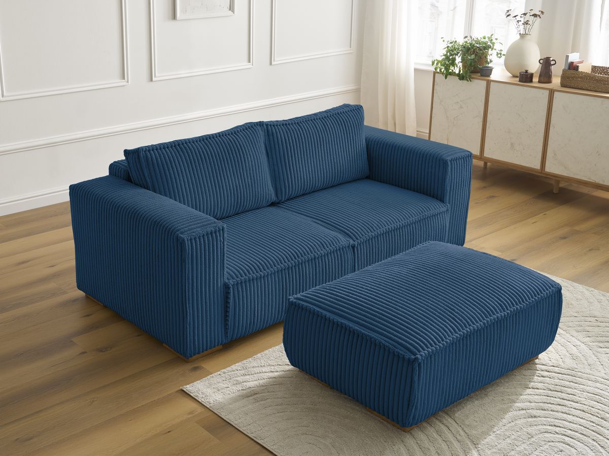 Bobochic Chelsea Sofa 3-Sitzer mit Pouf Breitcord weich Dunkelblau