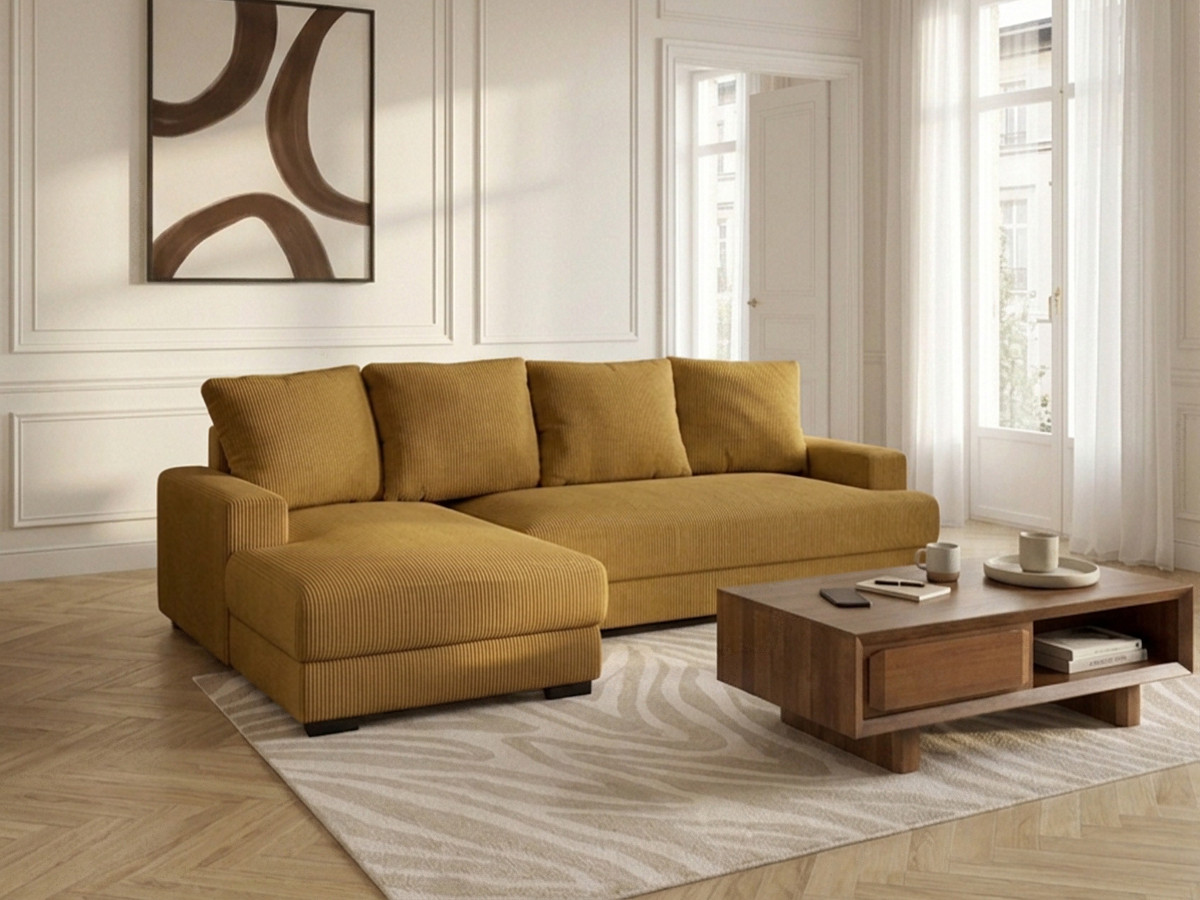 Bobochic Campi Ecksofa mit Schlaffunktion und Bettkasten Cordsamt Gelb Ecke links