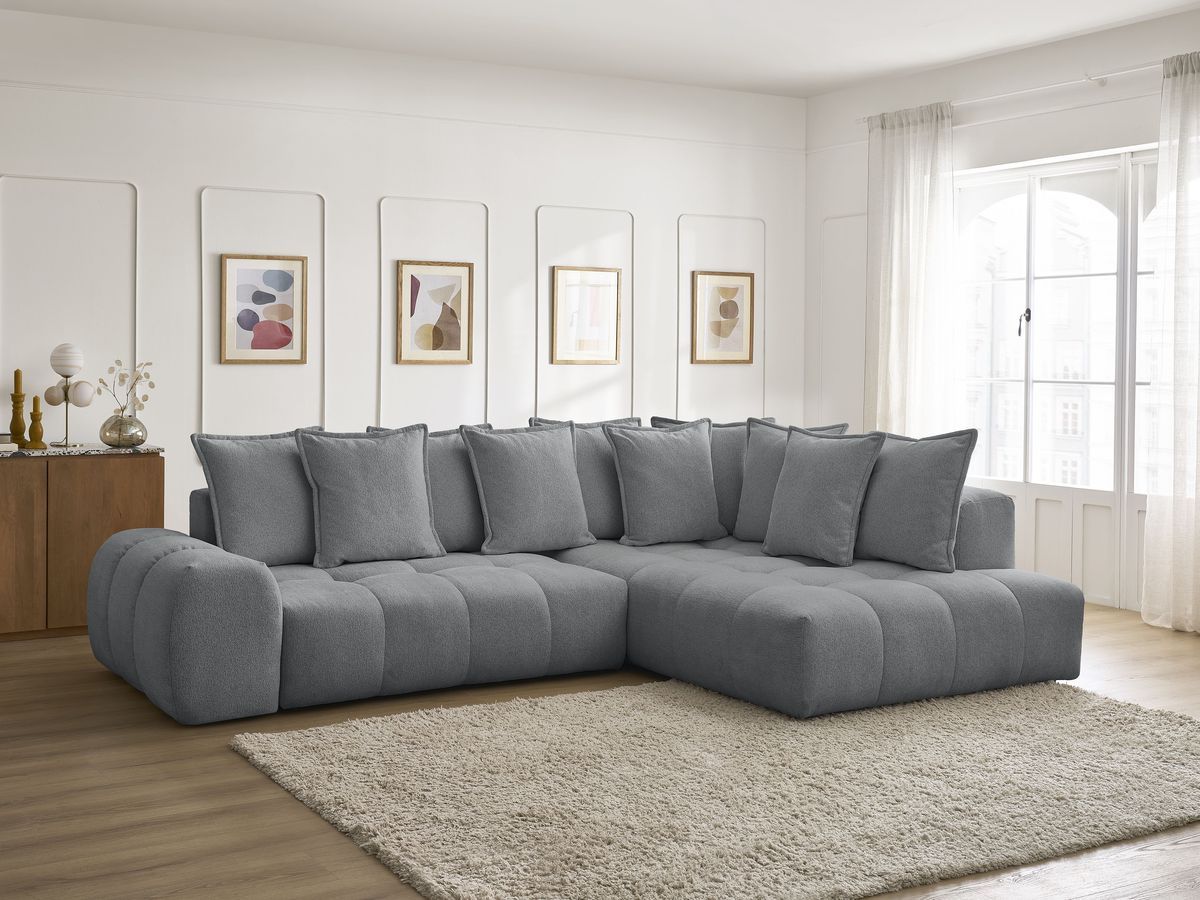 Bobochic Everest Ecksofa mit Schlaffunktion und Bettkasten 320 × 212 cm, 10 Kissen Melange-Stoff Dunkelgrau Ecke rechts