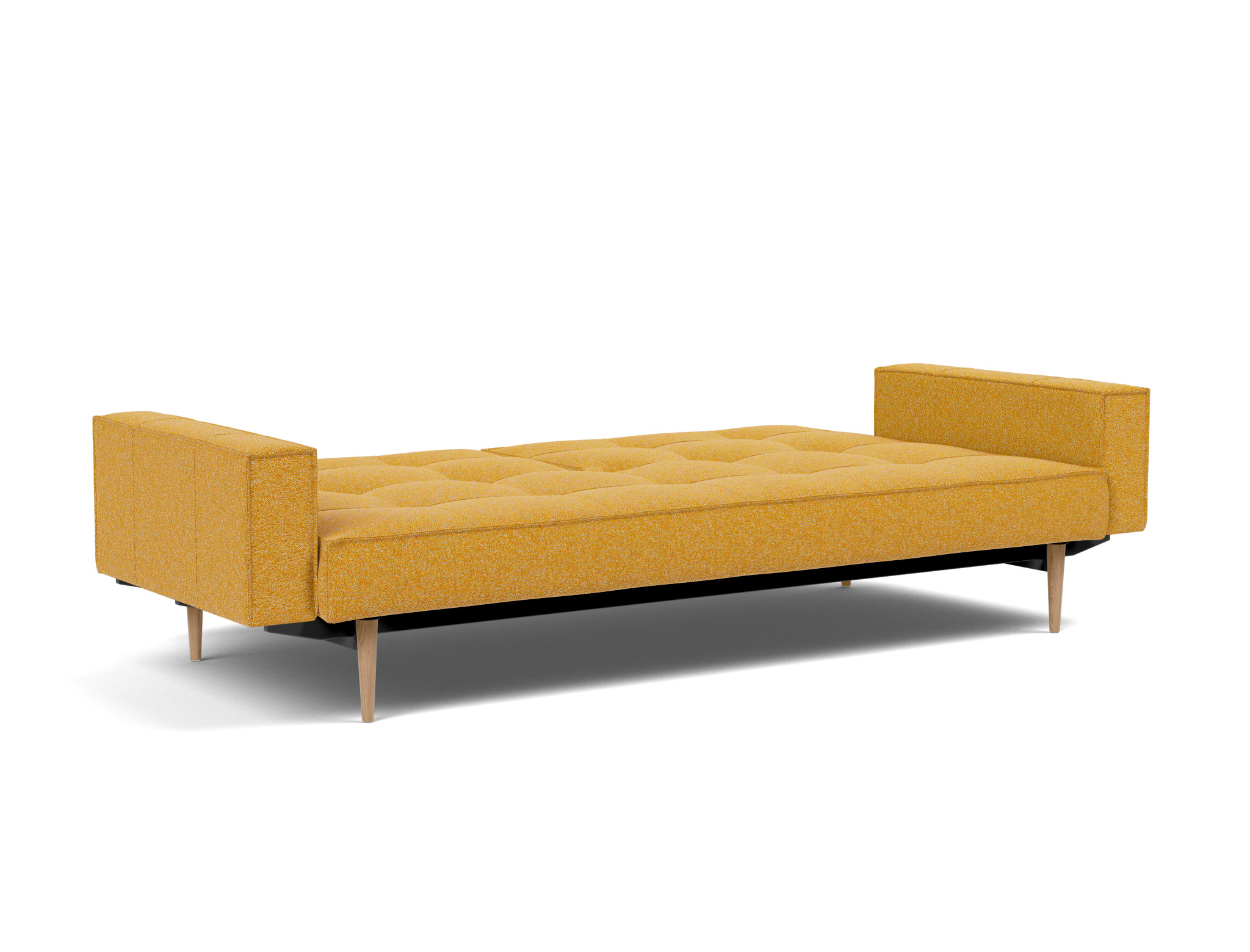 Schlafsofa Splitback mit Armlehnen Boucle Skandi 536-Ochre Beine Styletto Eiche hell