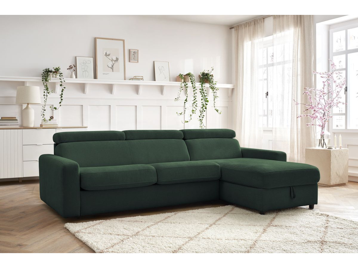 Bobochic Monaco Ecksofa mit Schlaffunktion und Bettkasten Stoff Grün, Liegefläche 140 × 190 cm