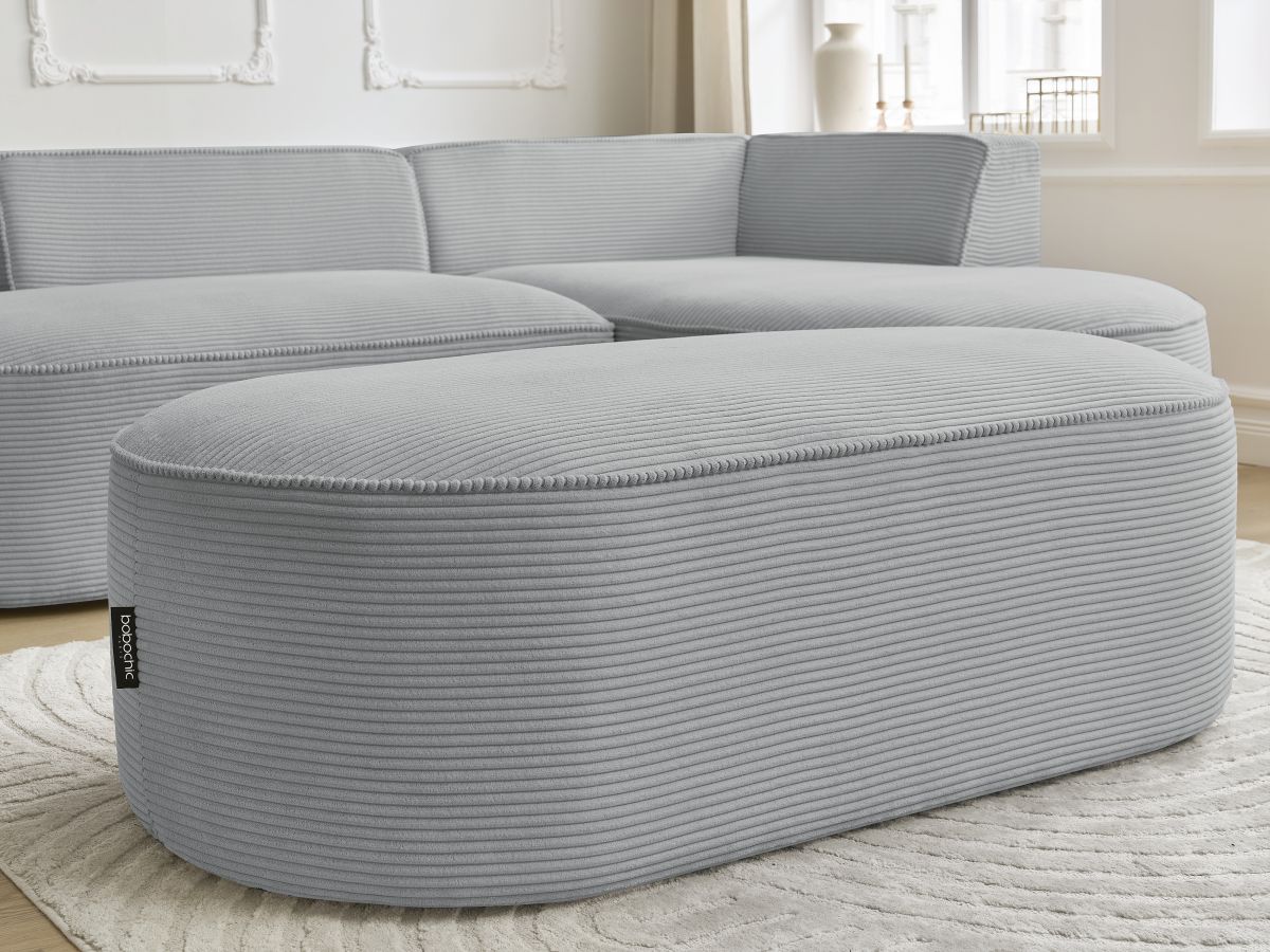 Bobochic Rousseau Ecksofa mit Pouf Cordsamt Hellgrau Ecke rechts