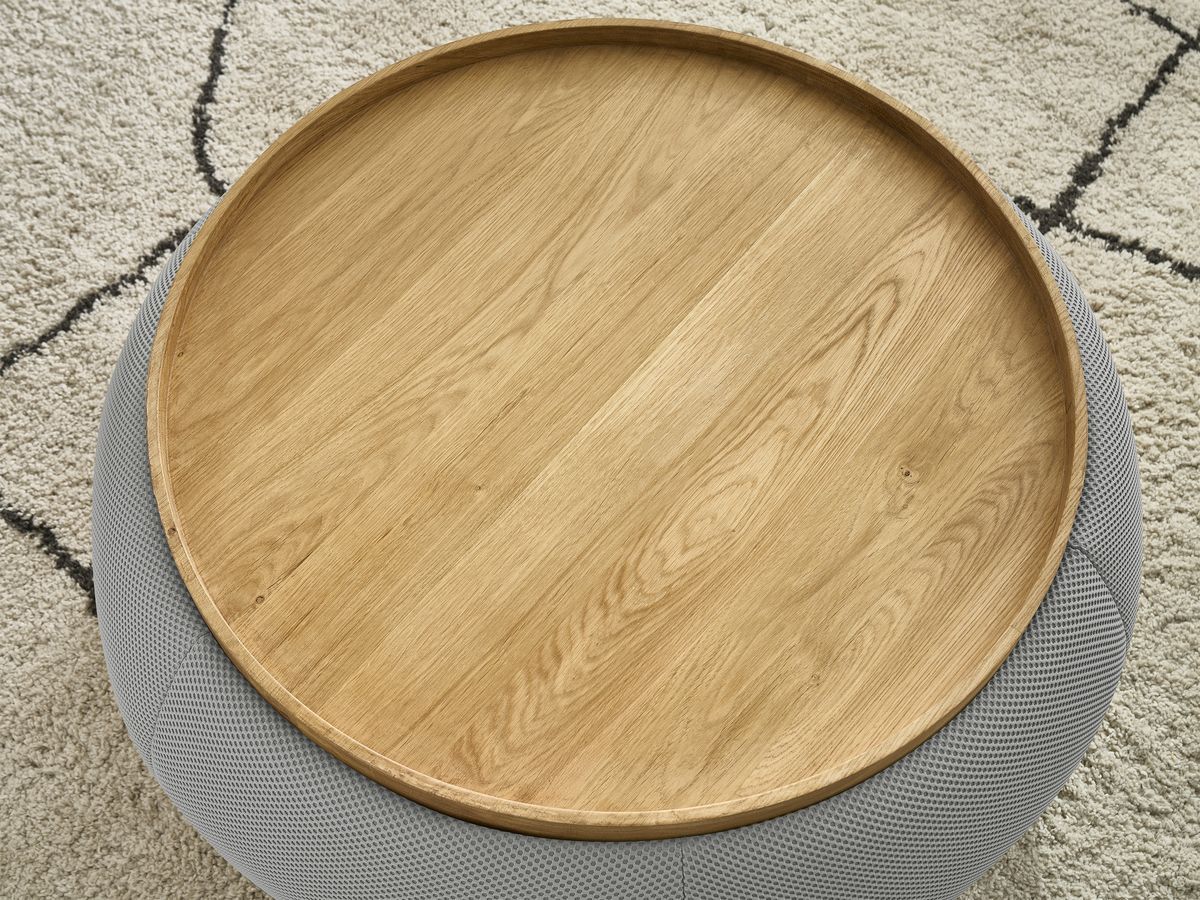 Bobochic Hayden Pouf mit Tablett, rund Mesh-Stoff Hellgrau, 87 cm