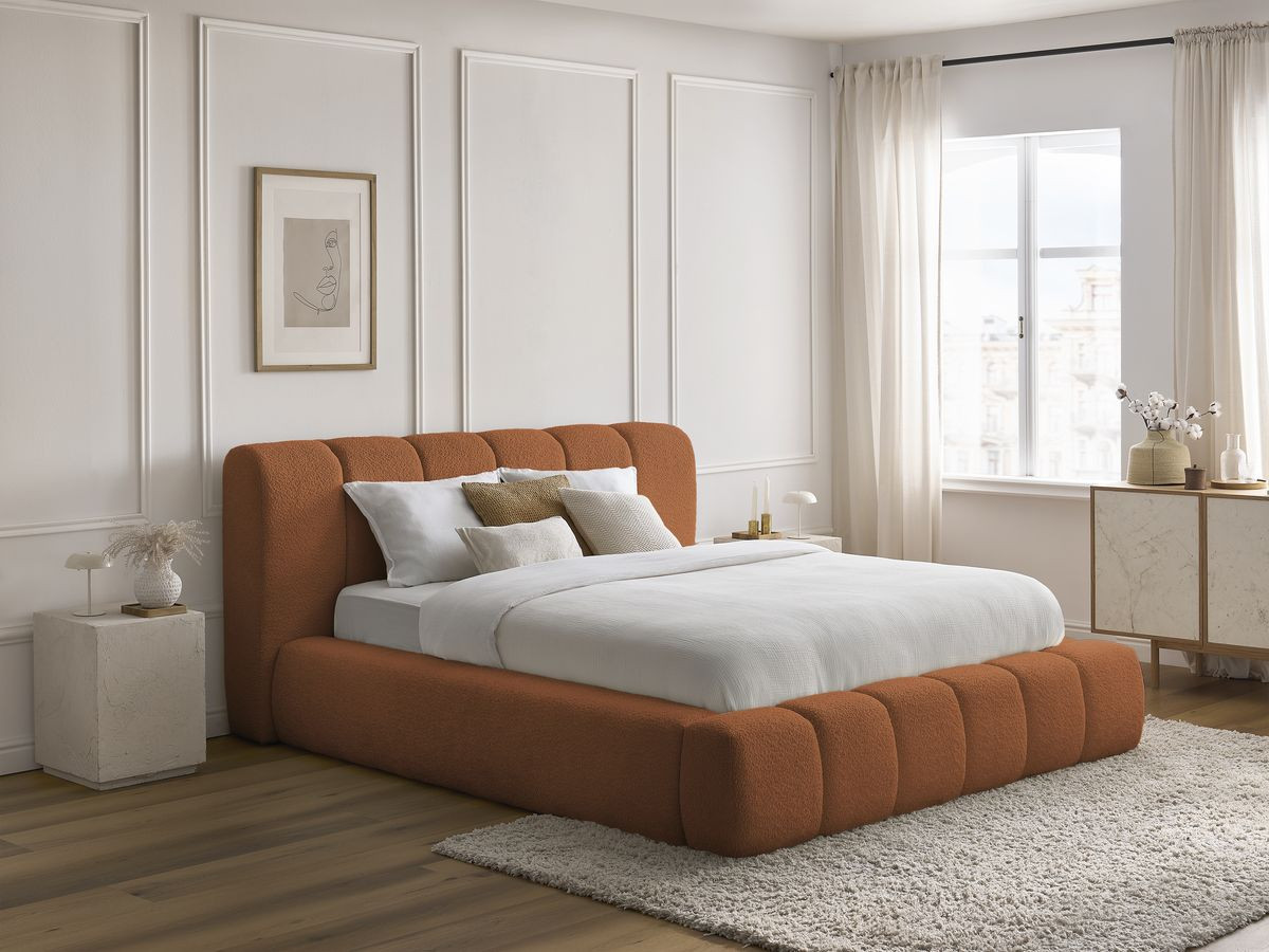 Bobochic Denali Polsterbett mit Bettkasten Bouclé-Stoff Orange, Liegefläche 140 × 190 cm