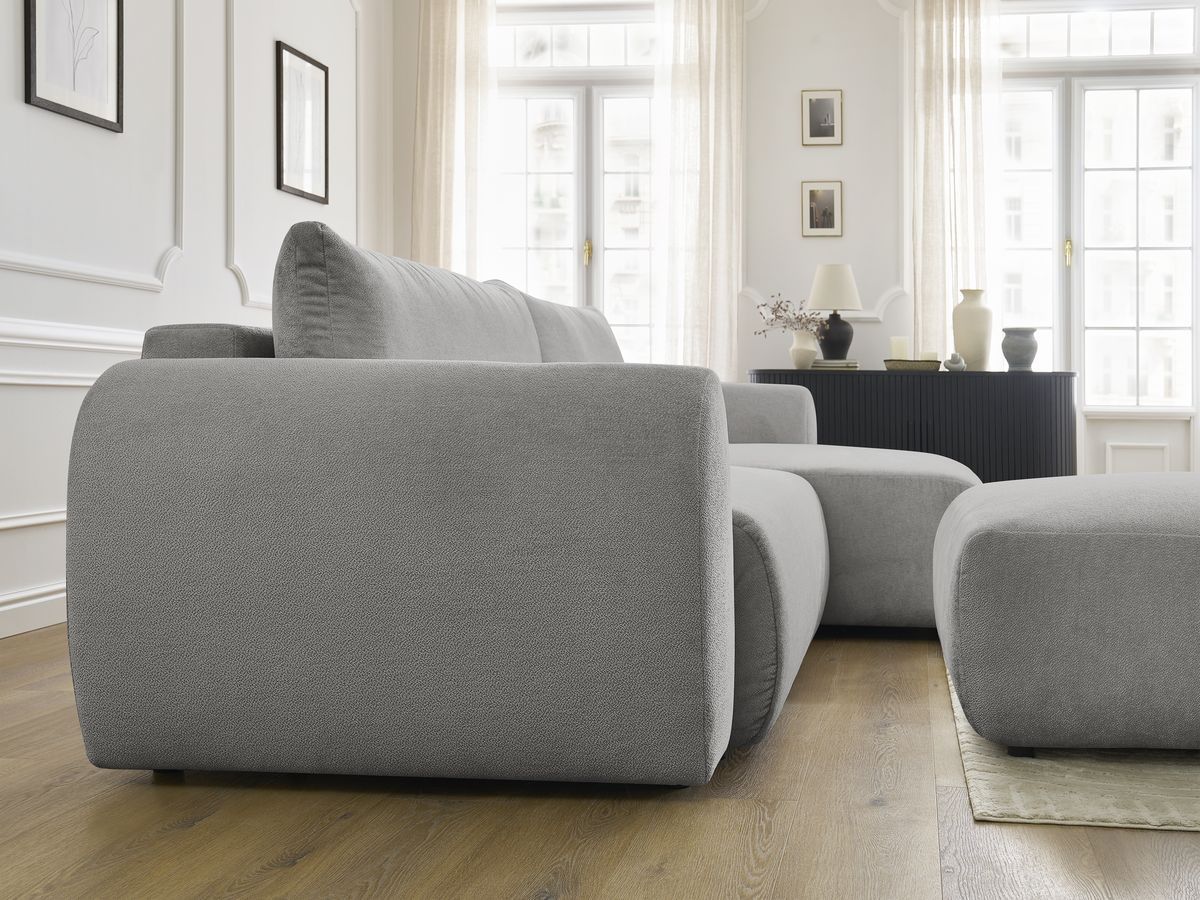 Bobochic Lucien Ecksofa mit Schlaffunktion und Bettkasten und Pouf 314 × 167 cm Stoff Hellgrau Ecke rechts