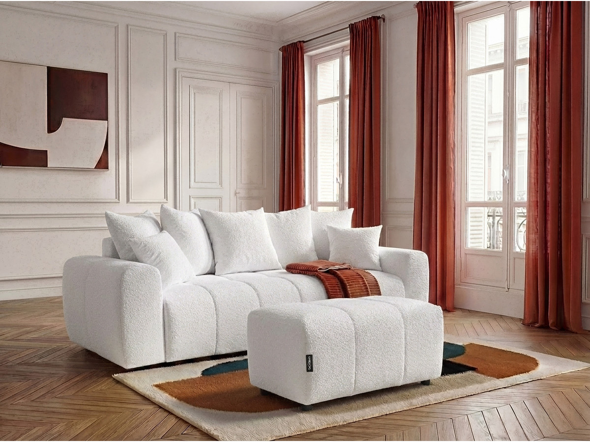 Bobochic Roxelane Schlafsofa 3-Sitzer mit Bettkasten und Pouf Bouclé-Stoff Weiß