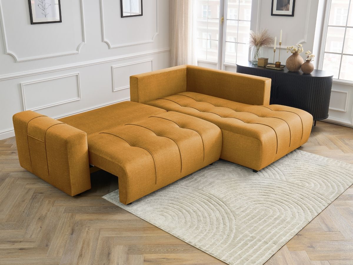 Bobochic Arsene Ecksofa mit Schlaffunktion und Bettkasten 277 × 200 cm Samt Gelb Ecke rechts