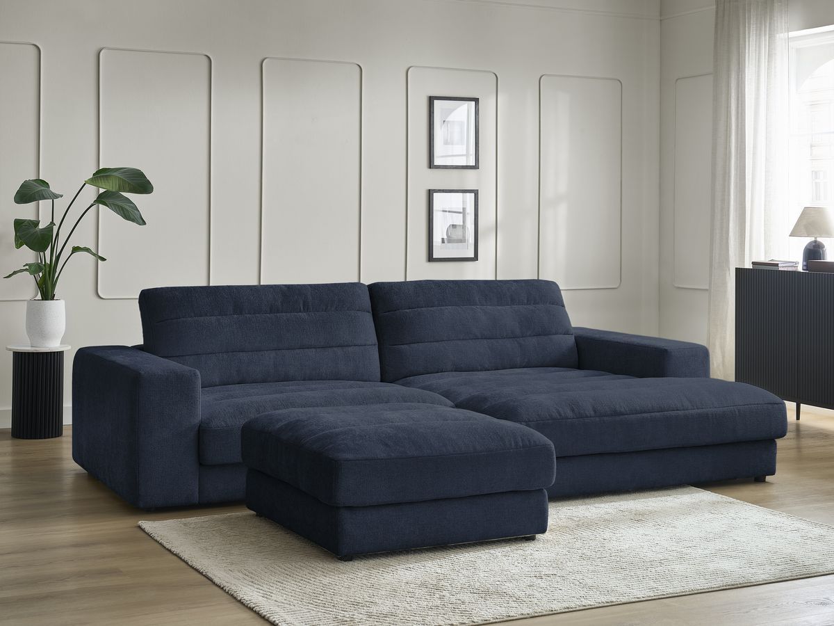 Bobochic Sierra Ecksofa mit Pouf Strukturstoff Dunkelblau Ecke rechts